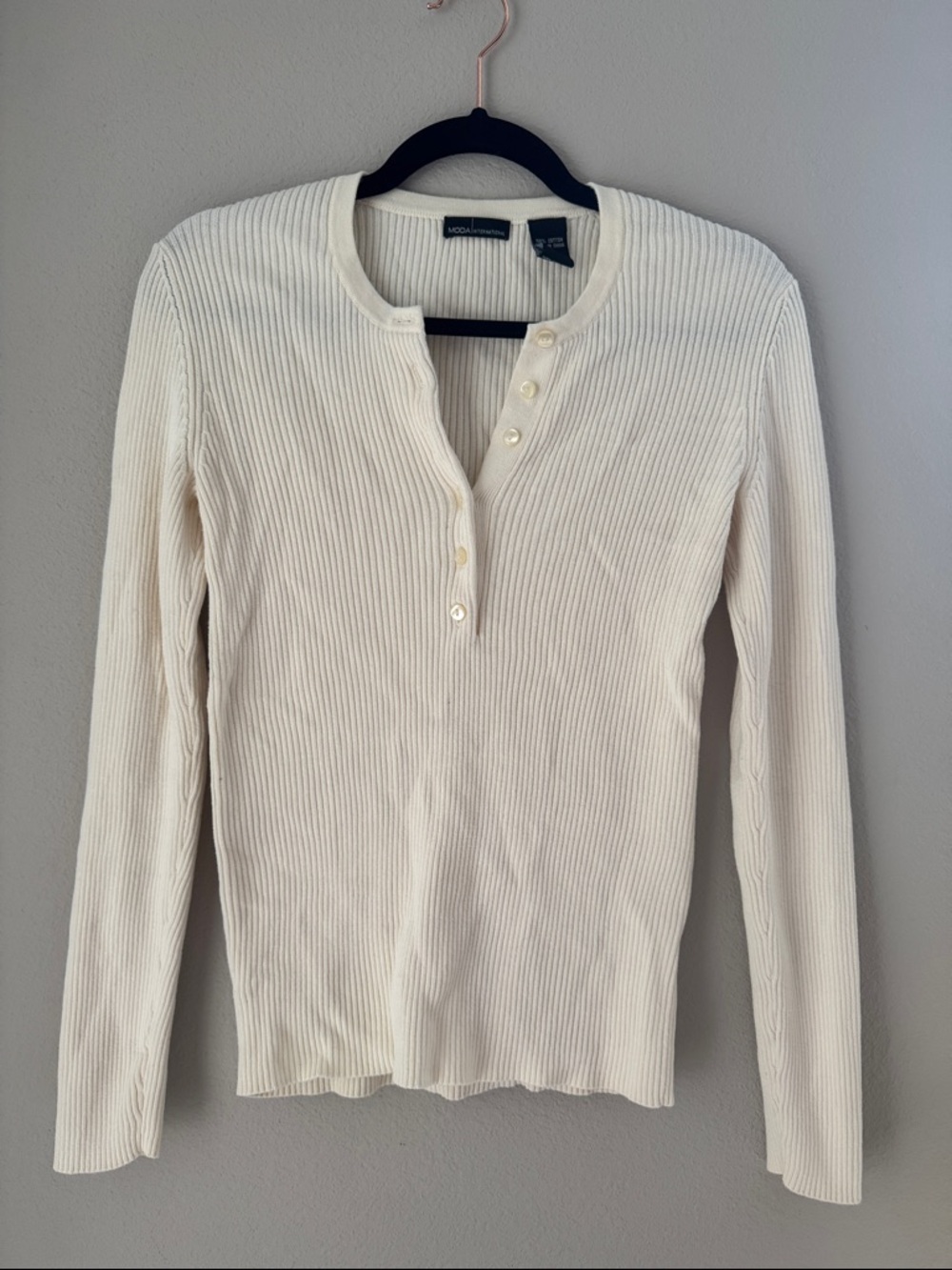 MODA International Cream Ribbed 100% Cotton Long-Sleeve Top